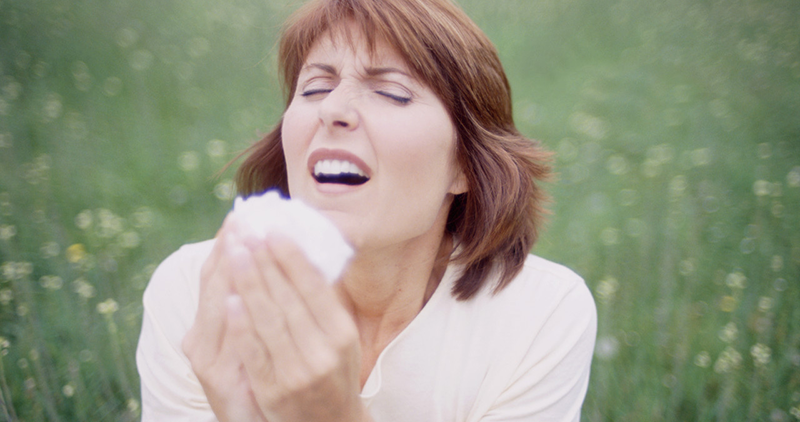 Mature Woman Sneezing in Meadow --- Image by © Michael A. Keller/Corbis