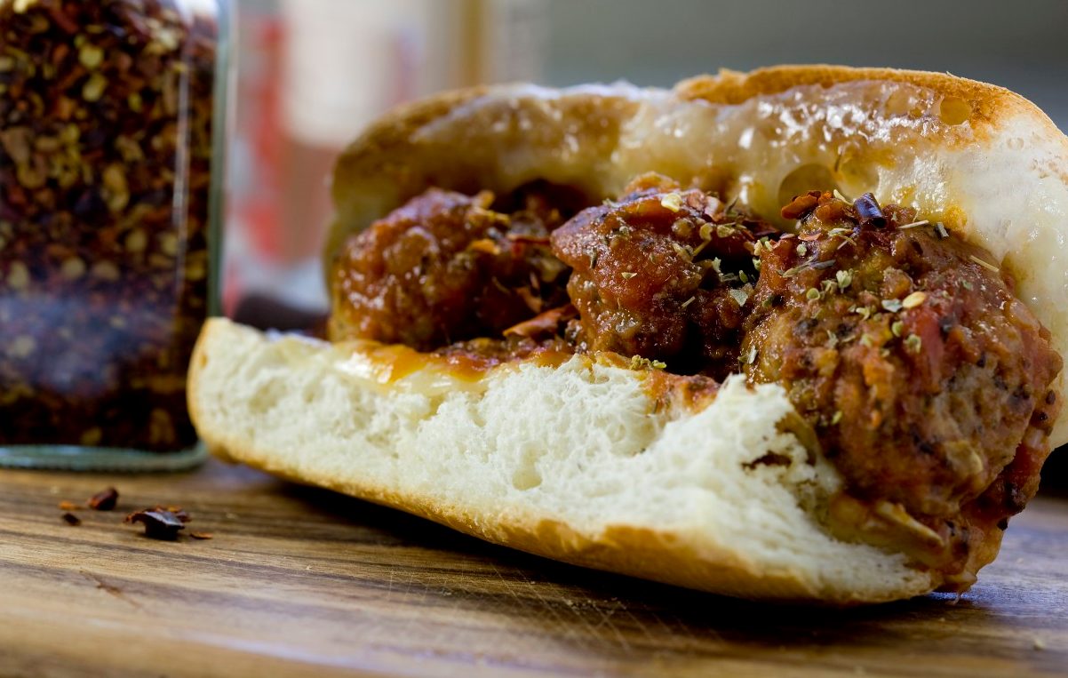 Santa Barbara, California, USA --- A spicy meatball sandwich --- Image by © 2/Matthew O'Shea/Ocean/Corbis