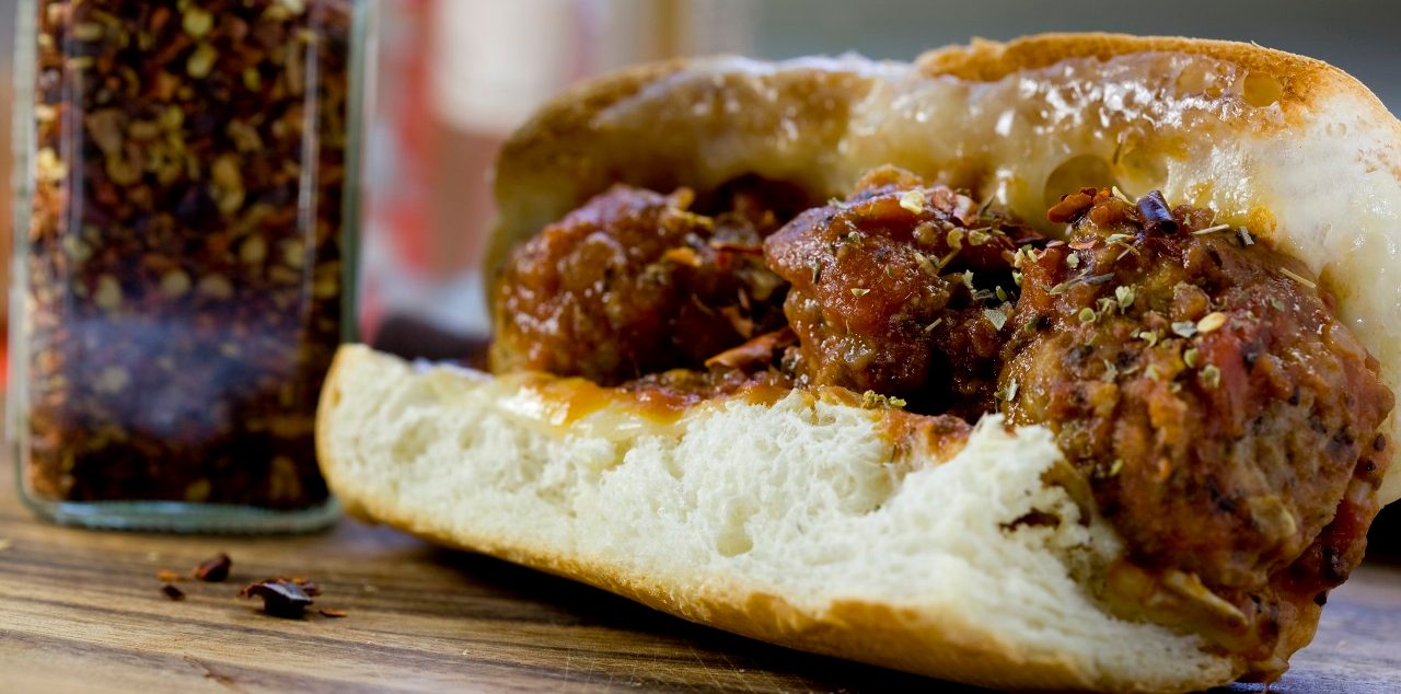 Santa Barbara, California, USA --- A spicy meatball sandwich --- Image by © 2/Matthew O'Shea/Ocean/Corbis