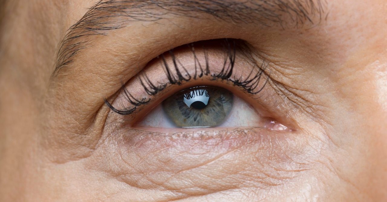 Studio shot of middle-aged woman, Detail of face with human eye --- Image by © James Lightbown/London, 2014/Corbis