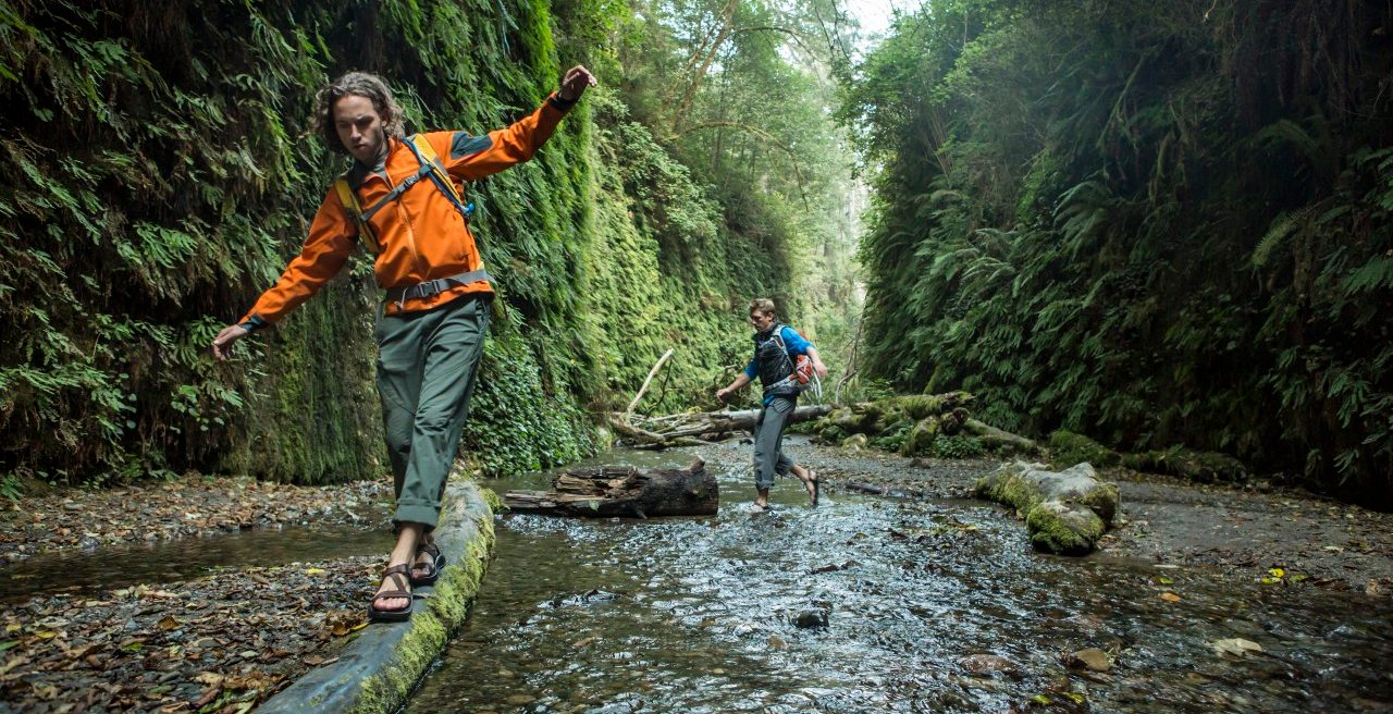 Hiker balancing on logs in forest --- Image by © Jordan Siemens/Corbis