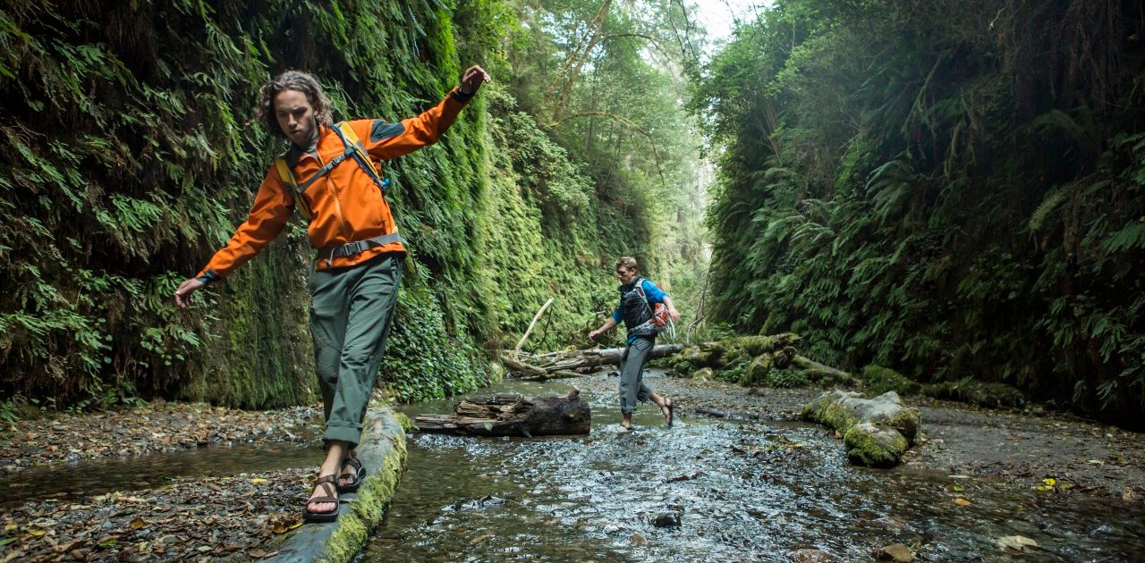 Hiker balancing on logs in forest --- Image by © Jordan Siemens/Corbis