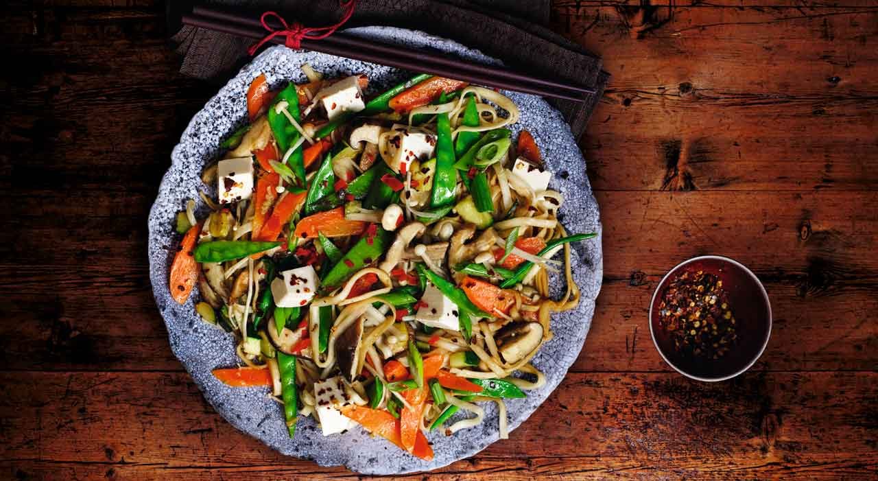 Tofu and mushroom noodle stir-fry