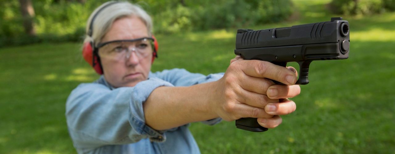 20 Jul 2014 --- Older Caucasian woman practicing with gun at shooting range --- Image by © Steve Smith/Blend Images/Corbis