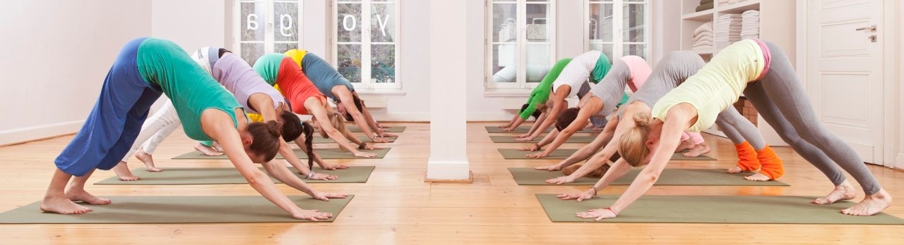 Group of mid adult women and mid adult man doing downward-facing dog pose in yoga studio --- Image by Â© Mareen Fischinger/Corbis